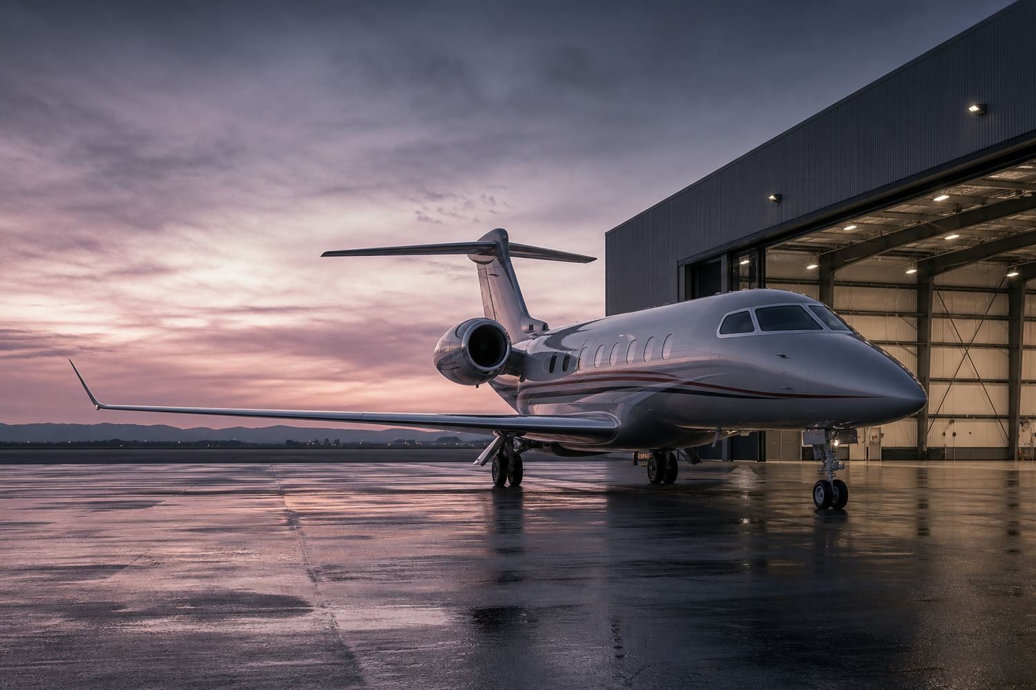Business jet at hangar, dusk