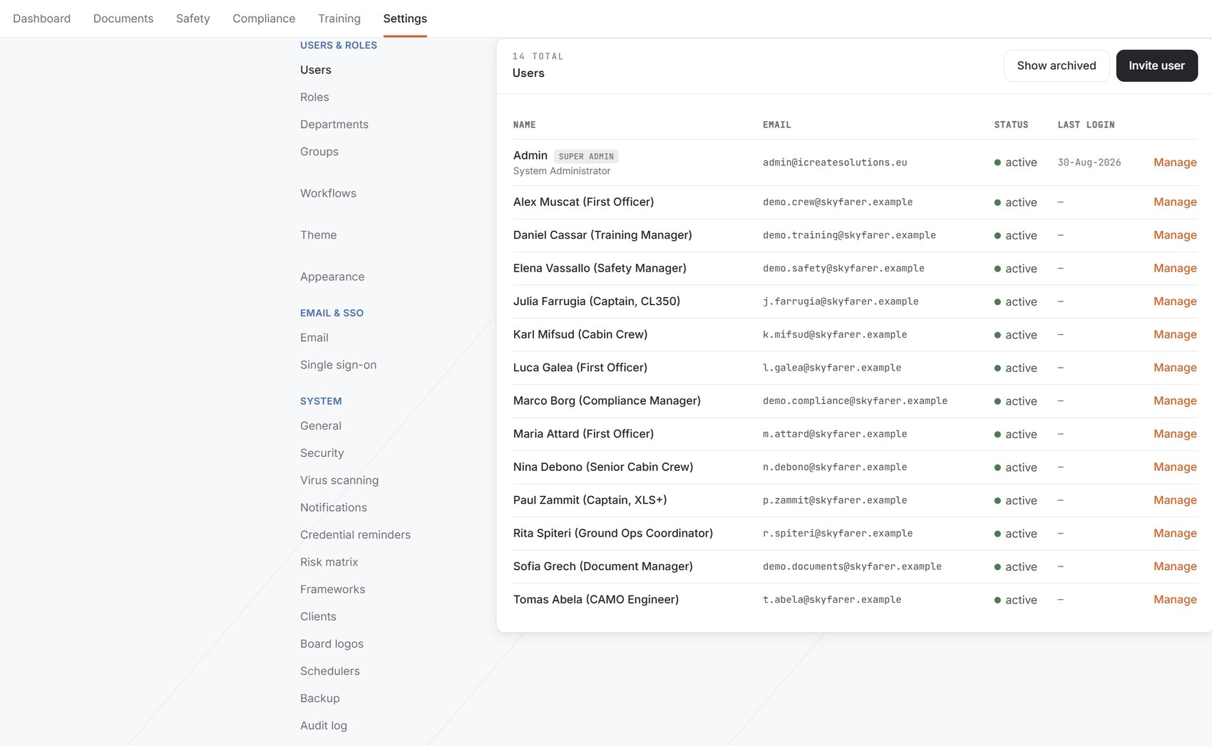 Palladium user administration showing roles and system settings